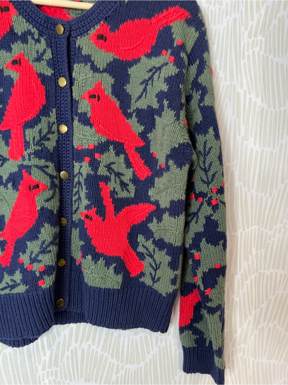 Orvis Cardinal Bird Knit Cardigan Sweater Navy Holly Button Front cotton blend - Picture 7 of 14